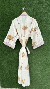 Handmade Cotton Kimono Robe V-neck Long Sleeve Full Length Boho Beach Cover Lightweight Block Print Spring Summer Womens <b>Lounge</b> - Product Image 6