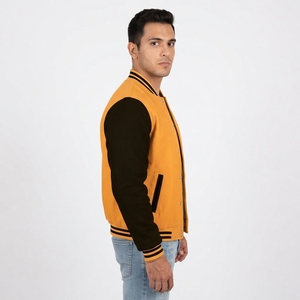 Veste universitaire homme orange et noire, style décontracté, coupe bomber, couleur unie, boutonnée sur le devant, col rabattable, coupe classique, pour l'automne - Product Image 3