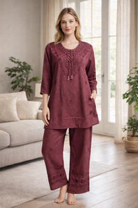 Conjunto de 2 Piezas para Mujer, Estilo Casual de Verano, Mini Kurta de Rayón Sólido, 140 GSM, Ligero, Bordado, Top y Pantalones - Product Image 4