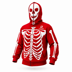 Sudadera con capucha de esqueleto para hombre, con cremallera completa, estampado gótico de calaveras y huesos, estilo streetwear de Halloween, con gráfico personalizado, roja - Product Image 1