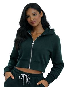 Sweat-shirt à capuche zippé court personnalisé pour femme, couleur vert foncé, manches longues, style décontracté streetwear, veste de sport et fitness - Product Image 1