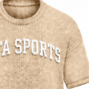 T-shirt tricoté beige pour homme, manches courtes, col rond, texturé, décontracté, imprimé personnalisé, streetwear, mode estivale, vente en gros de vêtements - Product Image 5