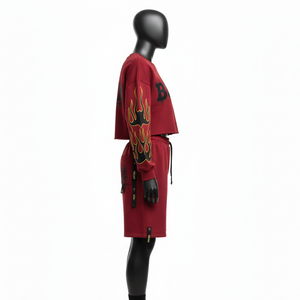 Women Heavyweight GSM Cotton Polyester Crop Sweatshirt Shorts Set <b>Maroon</b> Graphic Custom Print 100% Cotton Crop <b>Top</b> & Shorts Set - Product Image 3