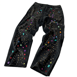 Jean en denim noir coupe droite pour homme, taille haute, coupe ample, orné de strass en cristal, style streetwear, délavage vieilli, coton printemps - Product Image 1