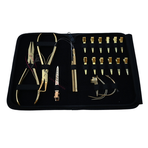 Wholesale Gold Hair Extension tools <b>Set</b> featuring 7 Inch Flat Bead Crimper Removal Tool Wire Loop Hook Sectioning Clips <b>Set</b> - Product Image 1