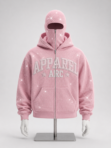 Custom Pink Rhinestone Full <b>Zip</b> Face Hoodie Heavyweight Crystal Fleece Streetwear OEM ODM Clothing Factory - Product Image 2
