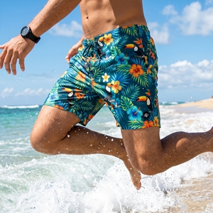 <b>Men's</b> Board <b>Shorts</b> Tropical Print Mid Waist Drawstring Closure Quick Dry Breathable Casual <b>Swim</b> <b>Shorts</b> Knitted Front 100% - Product Image 2