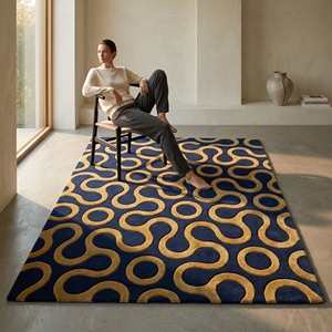Handmade Abstract Geometric Cut Pile Non-Slip Medium Pile Modern Tufted Wool/Cotton Area Rug Navy Blue Mustard Gold - Product Image 4