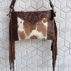 Bolso de Mano de Cuero con Flecos y Grabado a Mano, Diseño 2026, Elegante, de Cuero Vacuno, Color Marrón, Multiusos para Mujer - Product Image 1