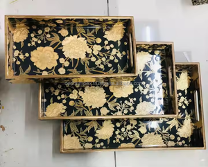 Plateaux en bois sur mesure avec imprimés floraux disponibles en taille empilée de 3 plateaux idéaux pour la revente à la maison par décoration - Product Image 1