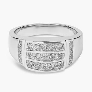 Bague de luxe pour homme en platine plaquée, sertie de trois rangées de diamants naturels ronds taille brillant - Product Image 1