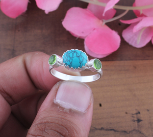 925 Sterling Silver Bezel <b>Set</b> Oval Turquoise Three Stone <b>Ring</b> Handcrafted Classic Gemstone Jewelry for <b>Men</b> Women Unisex - Product Image 1