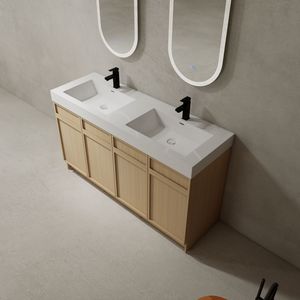 Mobile bagno freestanding bianco da 60 pollici con doppio lavabo in resina e 4 ante con chiusura ammortizzata, imballaggio KD - Product Image 5