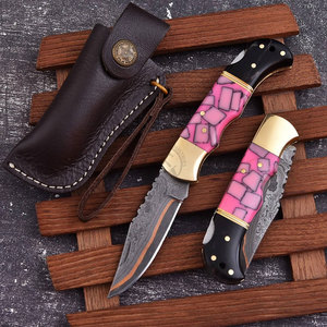 Premium Handmade Copper Damascus Steel Folding Knife Resin Horn Handle Back <b>Lock</b> Pocket Knife Outdoor Hunting Camping Knives - Product Image 2