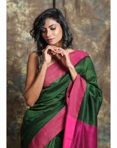 Sari de Algodón Verde Bosque KV Tejido a Mano con Blusa Sin Coser - Product Image 1
