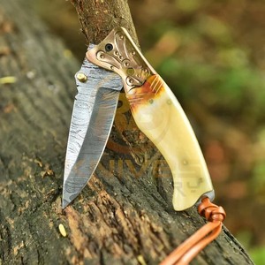 Professional Handmade Damascus Folding Pocket <b>Knife</b> <b>Bone</b> <b>Handle</b> Outdoor Camping Hunting EDC <b>Knife</b> OEM Manufacturer - Product Image 4
