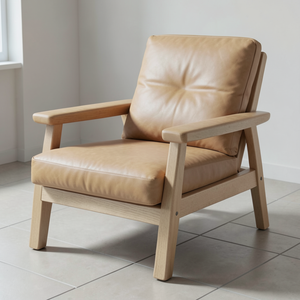 Fauteuil lounge contemporain en bois massif, recouvert de cuir de vache véritable, fauteuil en cuir de vache véritable pour le salon - Product Image 1