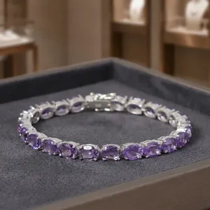 Bracelet tennis ovale en améthyste, argent sterling 925 plaqué or, classique, personnalisable, bijoux fins pour femme, 13g, sertissage griffe, 6x8mm - Product Image 4