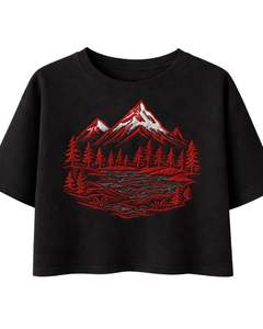 Camiseta Corta de Algodón para Mujer, con Bordado de Paisaje Montañoso, Estilo Casual, Holgada, con Diseño Gráfico, Venta al Por Mayor - Product Image 1