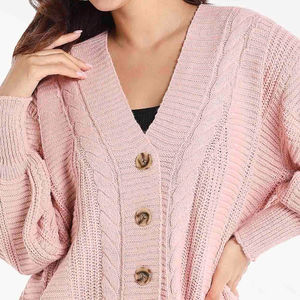 Cárdigan de punto trenzado oversize informal para mujer, ajuste holgado, transpirable, ligero, cuello en V, para otoño/invierno, color rosa, con botones - Product Image 3