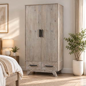 Armoire en bois massif d'acacia, 2 portes, 2 tiroirs, meuble de rangement contemporain pour chambre à coucher, avec possibilité de personnalisation OEM ODM en gros - Product Image 1