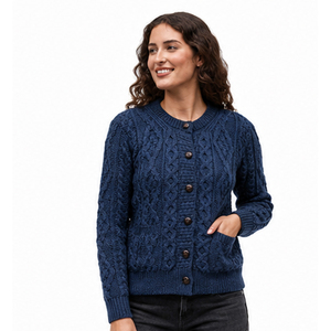 Women's Blue V-Neck Full Sleeve Knitted <b>Cardigan</b> Casual Winter Wear 100% Wool <b>Thick</b> Hand Knitted Single Breasted Regular Fi - Product Image 2