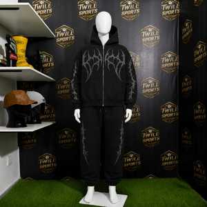 Sudadera con capucha y cremallera para hombre, estilo gótico casual de invierno, negra con estampado geométrico plateado, lavado ácido, impresión digital, corte regular, estilo francés. - Product Image 5