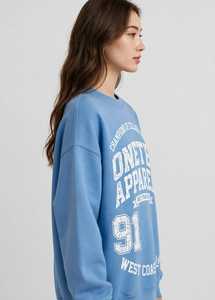 Blue <b>Crew</b> <b>Neck</b> <b>Sweatshirt</b> Women Drop Shoulder Long Sleeve Crack Letter Print Casual Pullover - Product Image 2