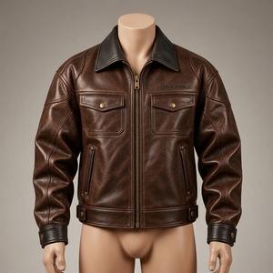 Chaqueta de Cuero Marrón Personalizada para Hombre, Chaqueta de Motociclista de Cuero Genuino, Estilo Vintage, Utilitaria, Talla M, OEM, Prenda Exterior Premium - Product Image 1