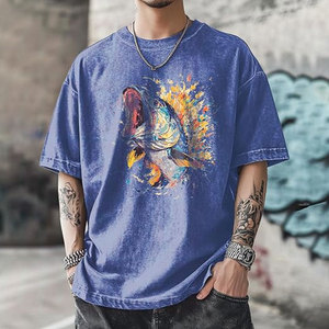 Camiseta de Hombre Oversize de Algodón Grueso con Estampado Azul Lavado, Estilo Casual, de Color Liso, de Secado Rápido, Transpirable, con Cuello Redondo, Personalizable - Product Image 2