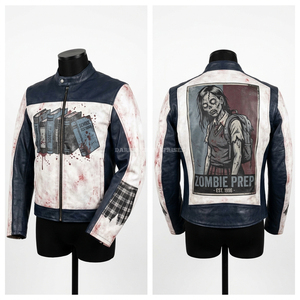 เสื้อแจ็คเก็ตหนังสีแดงเลือดหมู ลายกราฟิกซอมบี้ เบลล์ฮอป ธีมบริการโรงแรม เสื้อโค้ทไบค์เกอร์ ลายหัวกะโหลก ลายกระเป๋าเดินทาง เสื้อผ้าสตรีทแวร์สั่งทำพิเศษ - Product Image 5