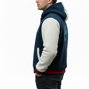Chaqueta Varsity con Capucha para Hombre, Color Azul Marino y Blanco, con Forro Polar Grueso, para Invierno, con Parches Bordados con la Letra C en Chenilla - Product Image 4