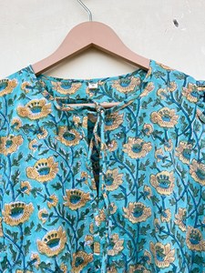 Boho Style Floral Block Print Viscose Midi <b>Dress</b> With Tie Neck Puff Sleeve <b>Loose</b> Fit Summer Casual <b>Dress</b> For Women - Product Image 3