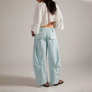 Women's Mid-Waist Loose Cargo Pants Drawstring Closure Ankle-Length Casual Summer <b>Balloon</b> Light Blue Cotton Barrel Wide Leg Pant - Product Image 2