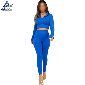 Half Zipped Neck Long Sleeve <b>Cropped</b> <b>Top</b> And Trousers Activewear Set, In Solid Blue Color Ladies Crop Tracksuits - Product Image 2