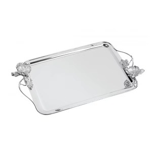 High End Quality Traditional Metal Handicraft Design for Home Use Rectangular Silver Decorative <b>Tray</b> with Floral Handles - Product Image 1