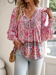 Blusa de Verano Informal de Estilo Bohemio con Estampado Floral y Cuello en V, de Media Manga, Transpirable, a la Moda, para Mujer - Product Image 2