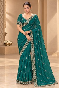 Sari indien traditionnel en georgette brodée de couleur turquoise avec bordure à sequins et chemisier pour femmes - Product Image 6