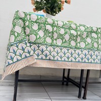 Mantel de Algodón Hecho a Mano con Diseño Floral Verde y Blanco, Estampado Tradicional Indio, Lavable, Ecológico, Duradero, Tamaño Personalizado
