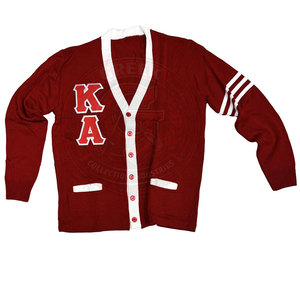 Cardigan à lettres grecques, rayures bordeaux et blanches, pull pour homme, tricoté en acrylique, col en V, manches longues, logo KAP, tenue universitaire - Product Image 1