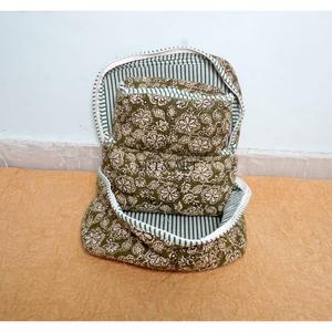 Beautiful Block Printed Quilted Cotton Vanity Bag Set Of 3 Pieces Women's Travel Cosmetic Pouch Storage Cosmetic Bags And Cases - Product Image 4
