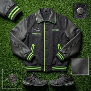 Chaqueta Letterman para Hombre, Color Carbón, Cuerpo de Lana, Mangas de Cuero Negro, Ribete Verde, Bordado Personalizado, Estilo Bomber, OEM, ODM - Product Image 2