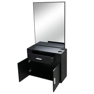 Meuble de salon noir avec 1 tiroir et 1 porte avec miroir, en panneaux de particules E0 15% et dessus en lin - Product Image 4