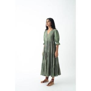 High Quality Olive Green A-Line Maxi <b>Dress</b> V-Neck Three Quarter Sleeve <b>Ruffles</b> Rayon Chiffon Breathable Summer Style Women - Product Image 2