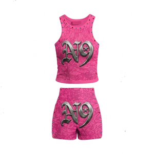 Conjunto de camiseta sin mangas y pantalones cortos de algodón entrelazado de 240 GSM, azul, negro, camuflaje, con estampado DTG personalizado. - Product Image 2