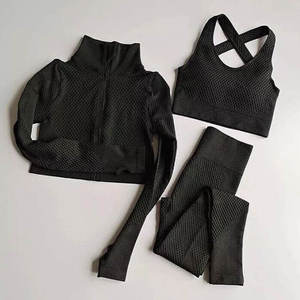 Black 3 Piece Yoga Set Turtleneck <b>Crop</b> <b>Top</b> Crisscross Bra High Waist Leggings Breathable <b>Mesh</b> Seamless Full Length - Product Image 6