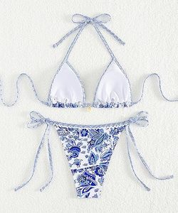 Reasonable Price Women's Halter Neck Bikini with V-<b>Strings</b> Bottom Floral Pattern Spandex/Nylon Fabric 2-Piece Beach Bath <b>Dress</b> - Product Image 5