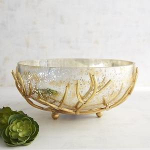 Centro de Mesa Moderno de Metal de Lujo, Soporte de Pedestal con Rama Dorada y Cuernos de Ciervo, Elegante Tazón Decorativo Plateado Moteado para Fiestas - Product Image 6