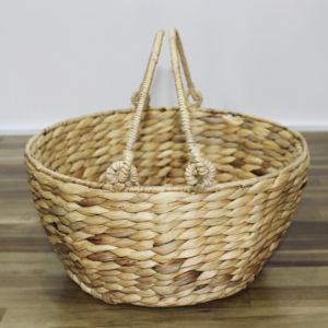 Natural Water Hyacinth Handwoven Picnic <b>Basket</b> <b>With</b> <b>Handles</b> - Product Image 4