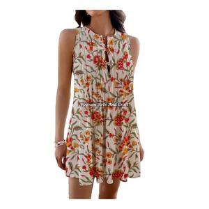 Cotton <b>Women</b> Casual <b>Dresses</b> Summer Bohemian Midi <b>Tunic</b> <b>Dress</b> Hand-Printed Beachwear Short <b>Dress</b> Sleeveless Design - Product Image 6